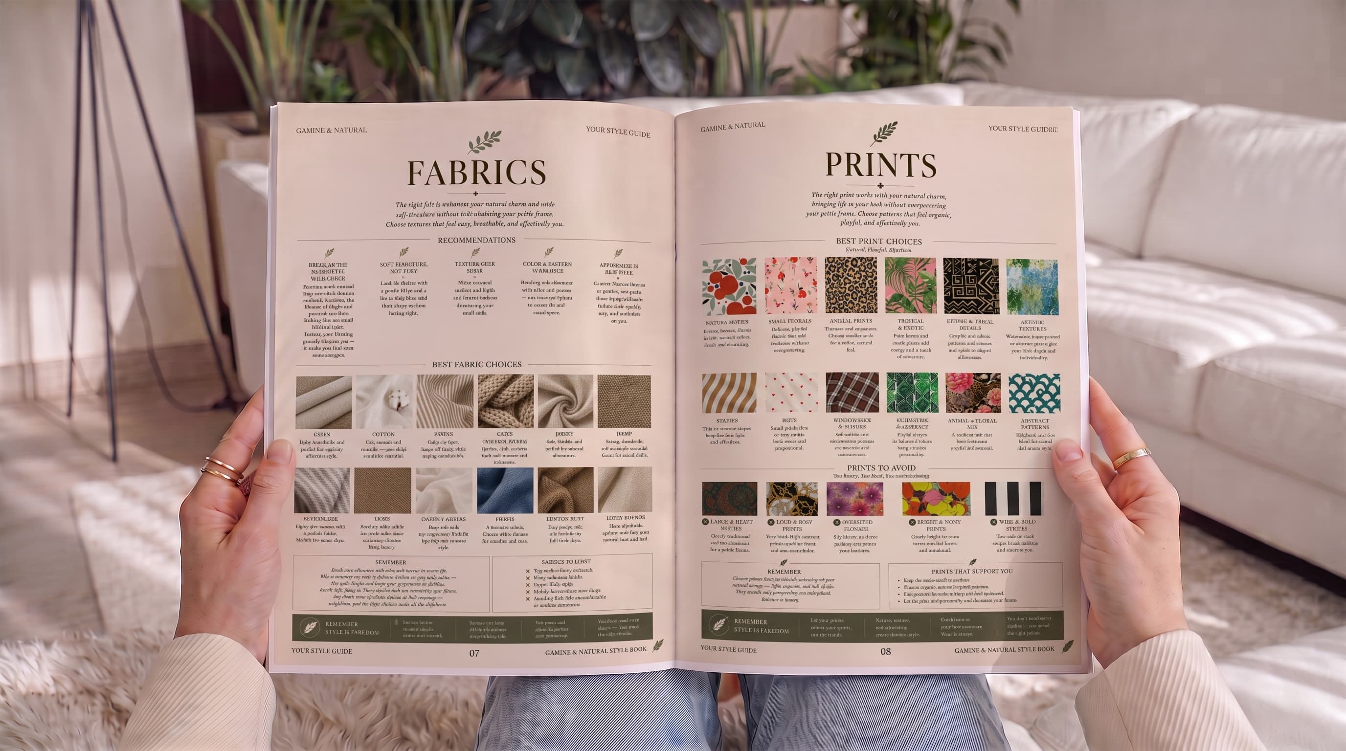 Magazine spread showing recommended fabrics and prints